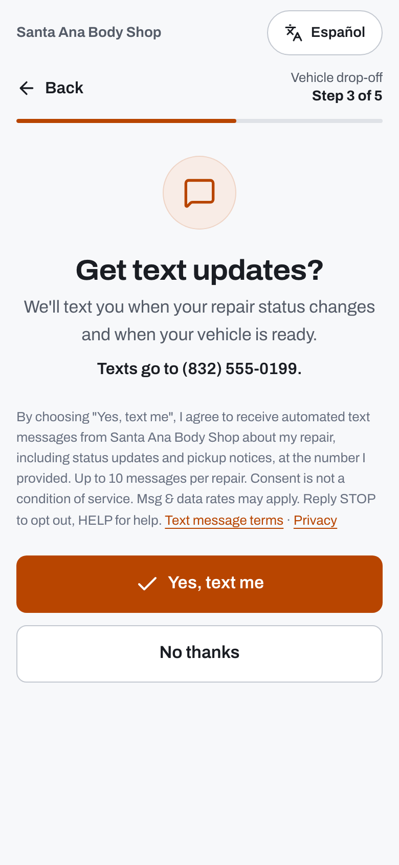 The 'Get text updates?' screen of a shop's check-in form, showing the number texts go to, the consent disclosure, links to text message terms and privacy policy, and two buttons: 'Yes, text me' and 'No thanks'.